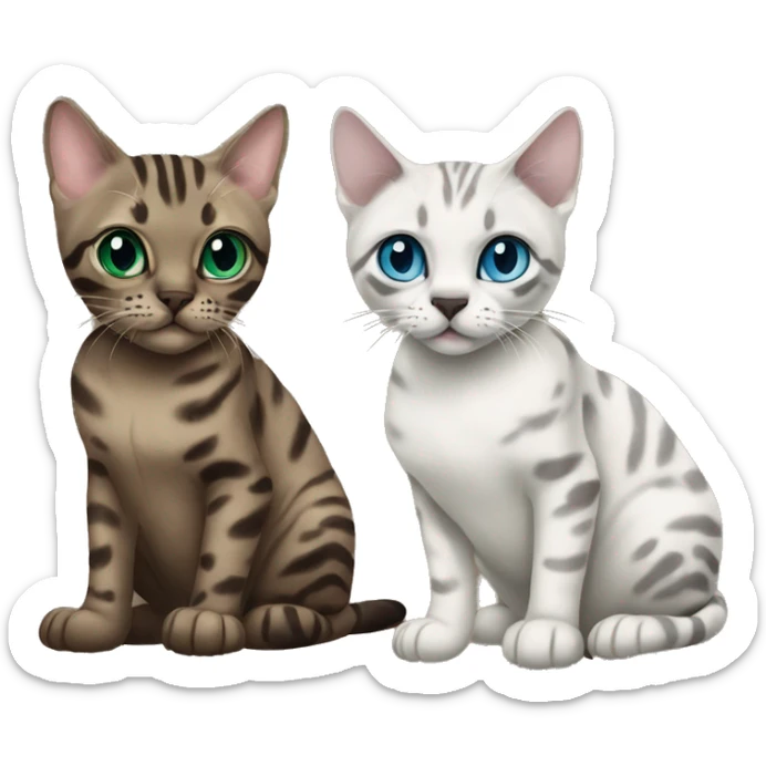 Seal Bengal cat with Blue eyes + charcoal Sepia bengal cat with Green eyes sitting  sticker