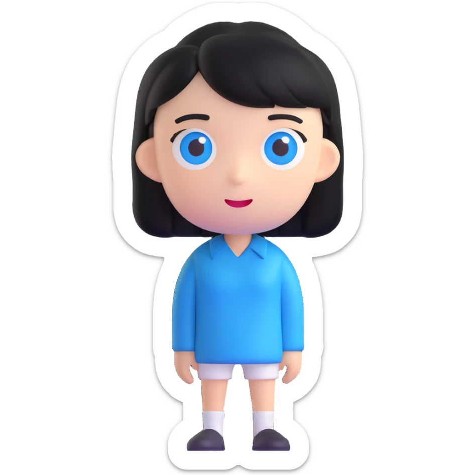 AI emoji character with black hair and blue eyes, standing straight forward, neutral expression sticker
