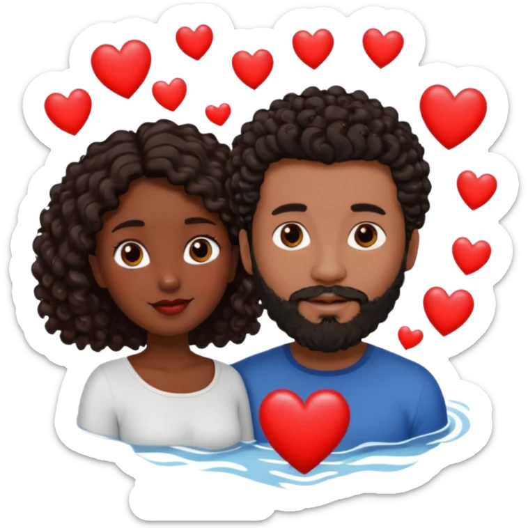 pareja de Mujer morena rizada cabello largo castaño ojos oscuros y hombre blanco cabello negro corto (no es rizado) con barba  y ojos marron al rededor de la pareja corazones sticker