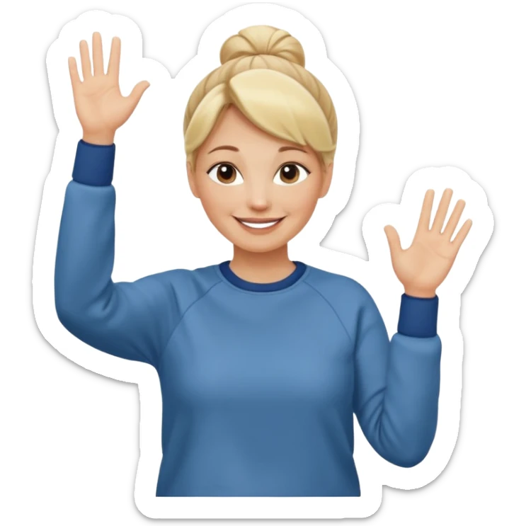 50 year old blonde woman with bun in casual clothes and sweat shirt waving sticker