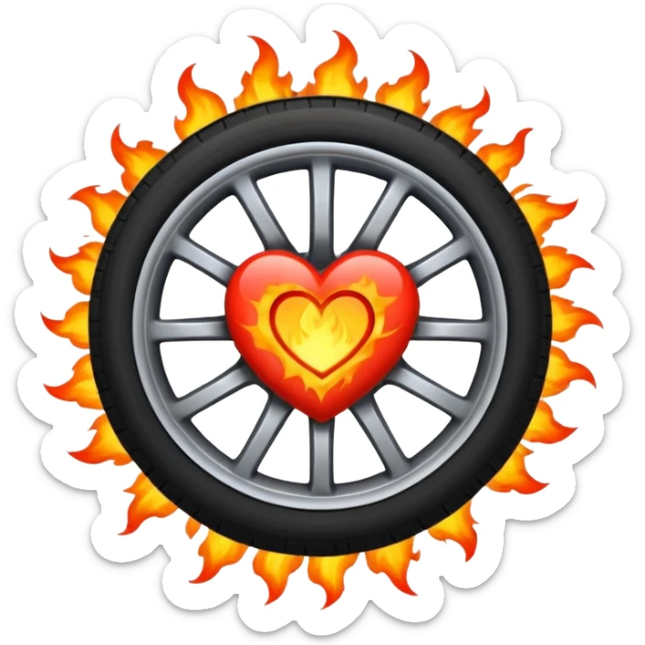 a burning car wheel, and in the center of the wheel there is a red heart sticker
