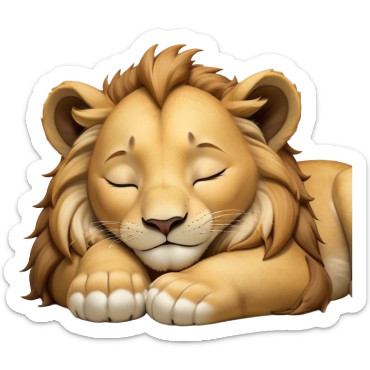 Meme-Worthy Cute Sleeping Lion Cub Portrait Emoji, Head resting peacefully with a contented smile, showcasing a robust build and a luxuriously soft tawny Fur with a flowing mane, eyes shut in a serene, restful nap, Simplified yet hilariously adorable features, highly detailed, glowing with a soft, drowsy light, high shine, relaxed and utterly lovable, stylized with an air of playful laziness, bright and heartwarming, soft glowing outline, capturing the essence of a comically sleepy Lion Cub, so meme-worthy it feels like it could instantly become the next viral sensation of adorable slumber! sticker