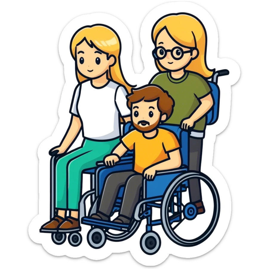 Brown haired man with a beard in a wheel chair with long blonde haired mom pushing sticker