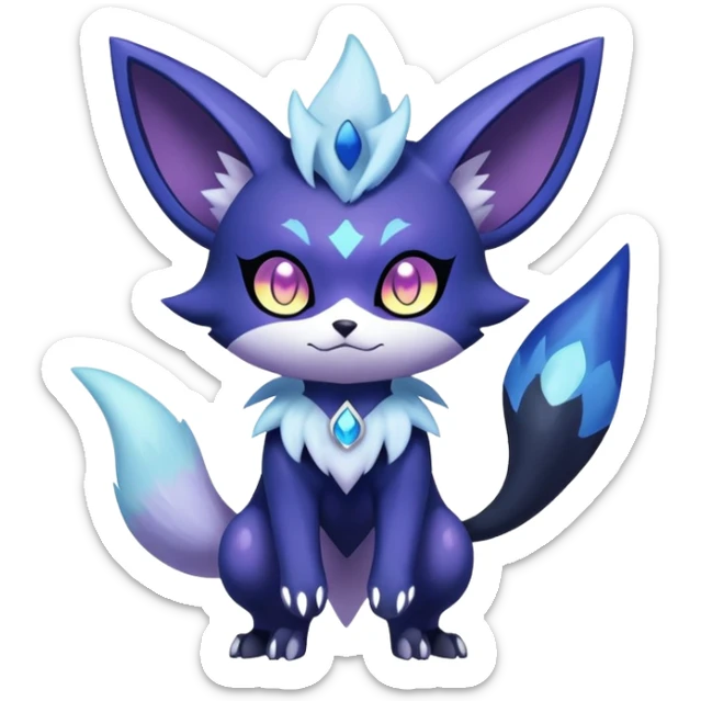 Shiny Exotic Badass Colorful Ethereal Royal Mysterious Gothic Meowstic-Zorua-Noibat-Pokémon-Fakémon-hybrid-creature (full body) with random pattern-markings sticker