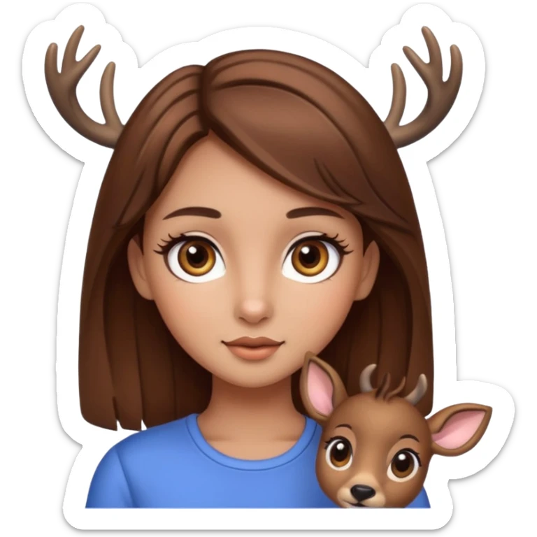 Make a cute girl deer with brown hair and big brown eyes give her lashes and her skin medium sticker