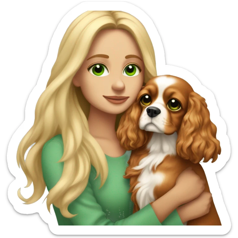 I am a sweet, cozy, beautiful blonde with long hair, green eyes, hugging my beloved Cavalier King Charles Spaniel dog in a shade of Blenheim sticker