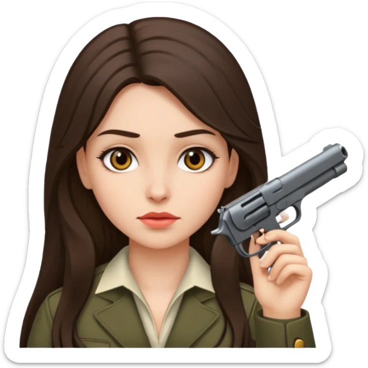 A brunette with long hair girl who is about to kill herself with a littlr gun pointed at her temple sticker