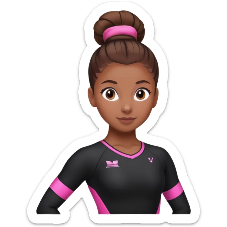 A female gymnast with brown hair in a neat bun, wearing a black uniform with pink elements. sticker