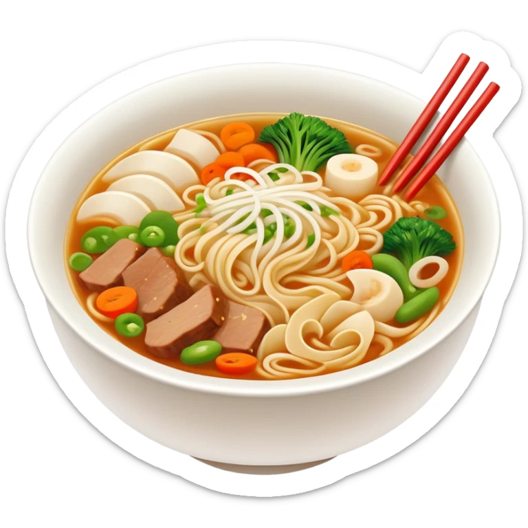 Henan Stewed Noodles with clear soup and vegetables, simplified emoji style with bold outlines and bright colors, cartoon style traditional Hui Mian in bowl sticker