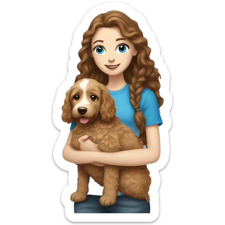 white girl with long brown hair and blue eyes holding a golden doodle puppy  sticker