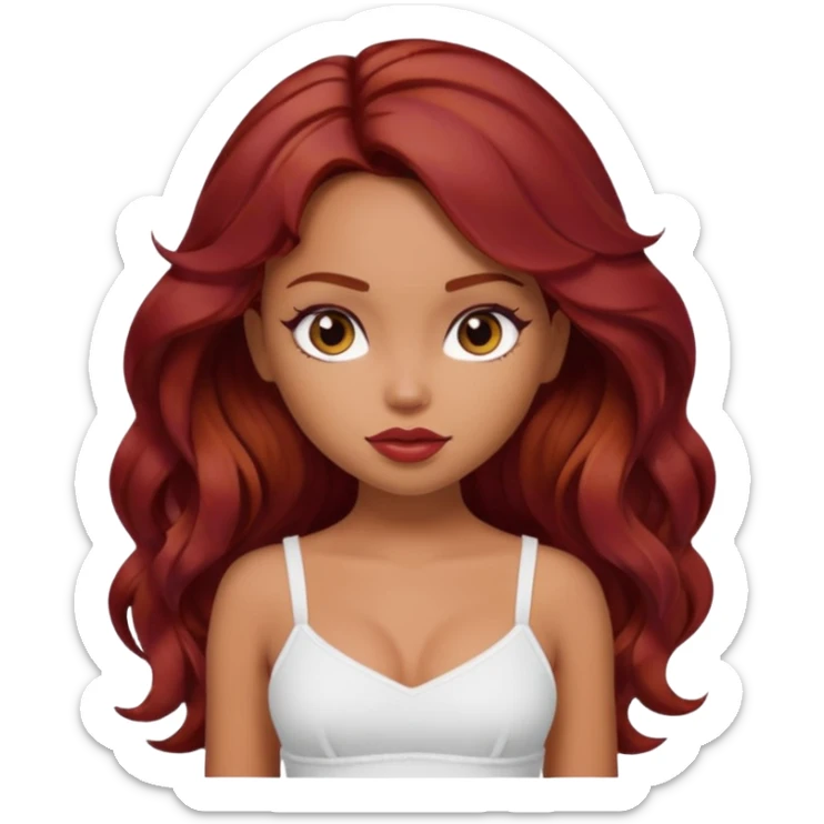 a pretty bratz tan girl with wavy dark red hair wearing a white cami top. Skintone is tan sticker