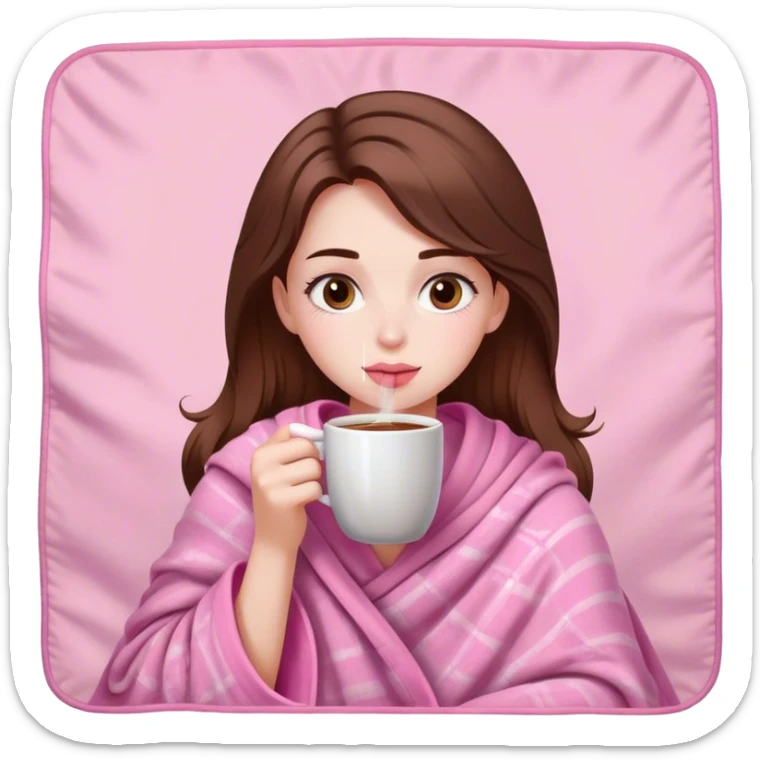white brown hair pretty girl in a pink blanket sipping coffee sticker