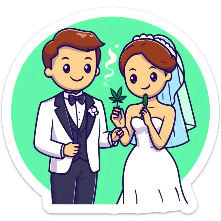 Bride in white dress and groom in tuxedo sharing a cannabis joint, cheerful cartoon wedding couple with festive colorful background sticker