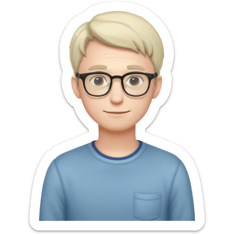 Timid adult male, pale skin, slim, soft features, glasses, slightly hunched posture, shy smile, casual nerdy clothes, small subtle blush, readable at small size, distinct from all other roles sticker