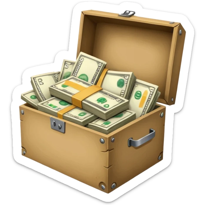 a bunch of miscellaneous stuff in a box, with a small pile of cash note on the side, indicating that this box is for sale sticker