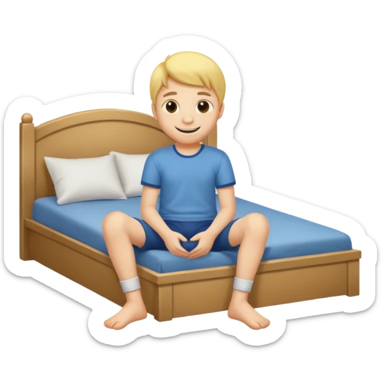 emoji- of a smiley boy sitting at the edge of the bed with legs on the floor sticker