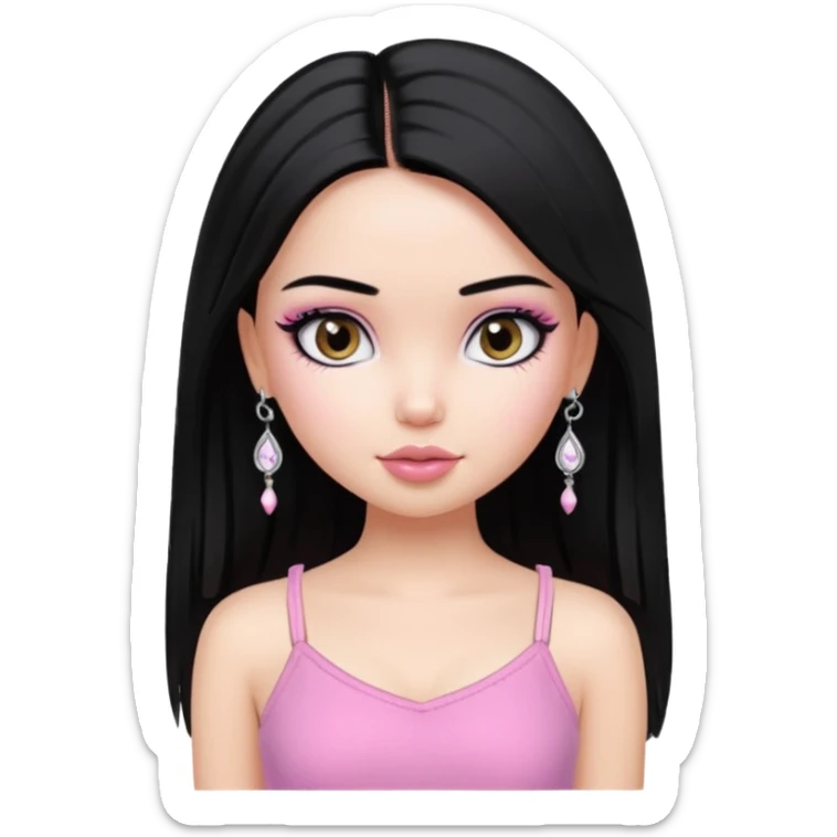 generate a pretty bratz girl with a pink cami top, straight black hair, silver jhumkas on sticker