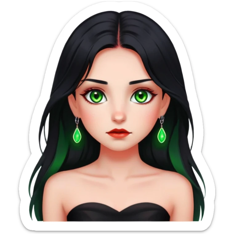 Girl with green eyes. Black hair with red underlights and frontlights hair. Long hair. Black strapless crop top. Very elegant. Skinny face with birthmark under left cheek. sticker