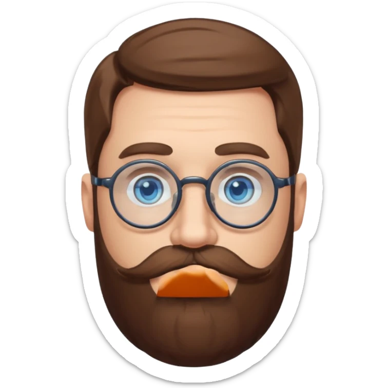 White man with blue eyes, long brown hair, large round glasses, mustache and beard sticker