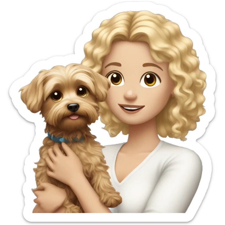 White girl with curly blonde hair holding Yorkie  sticker