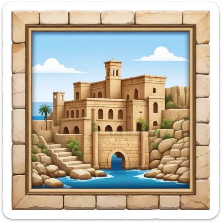 Cinematic Realistic Byblos Old City Landmark Emoji, depicted with ancient, weathered stone structures rendered with lifelike detail and nostalgic, warm lighting. sticker