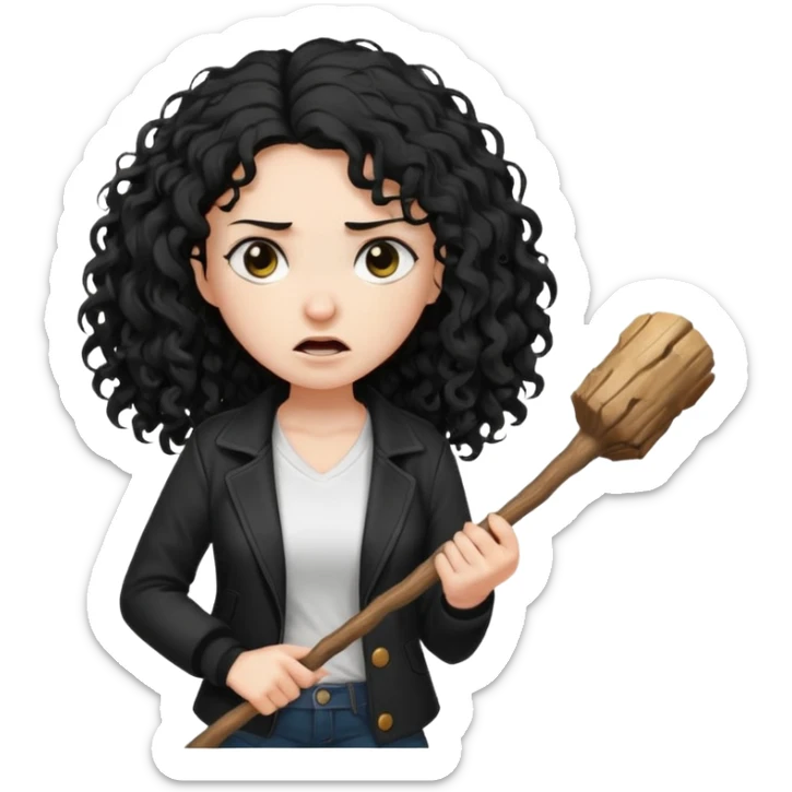 Hey, please generate me an emoji that depicts a woman white skin long black curly disheveled hair slightly thicker, she is wearing a white T-shirt and a black unbuttoned jacket she is furious she is holding a large stick sticker