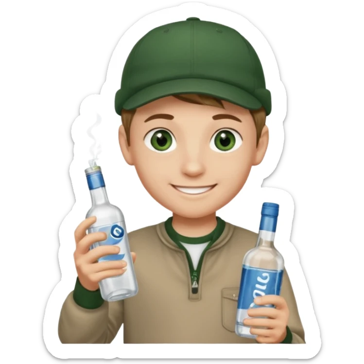 garçon avec yeux vert foncé qui a une puff 16k jnr à l’un main et une bouteille de vodka à la main avec une coupe casquette et les cheveux chatin clair  sticker