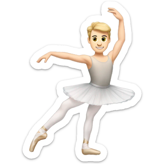 Ballet barre without background, wood with black iron base, with a male caucasian ballet dancer with one leg at the barre in light grey tights and white ballet slippers brown/blonde hair and a white leotard sticker