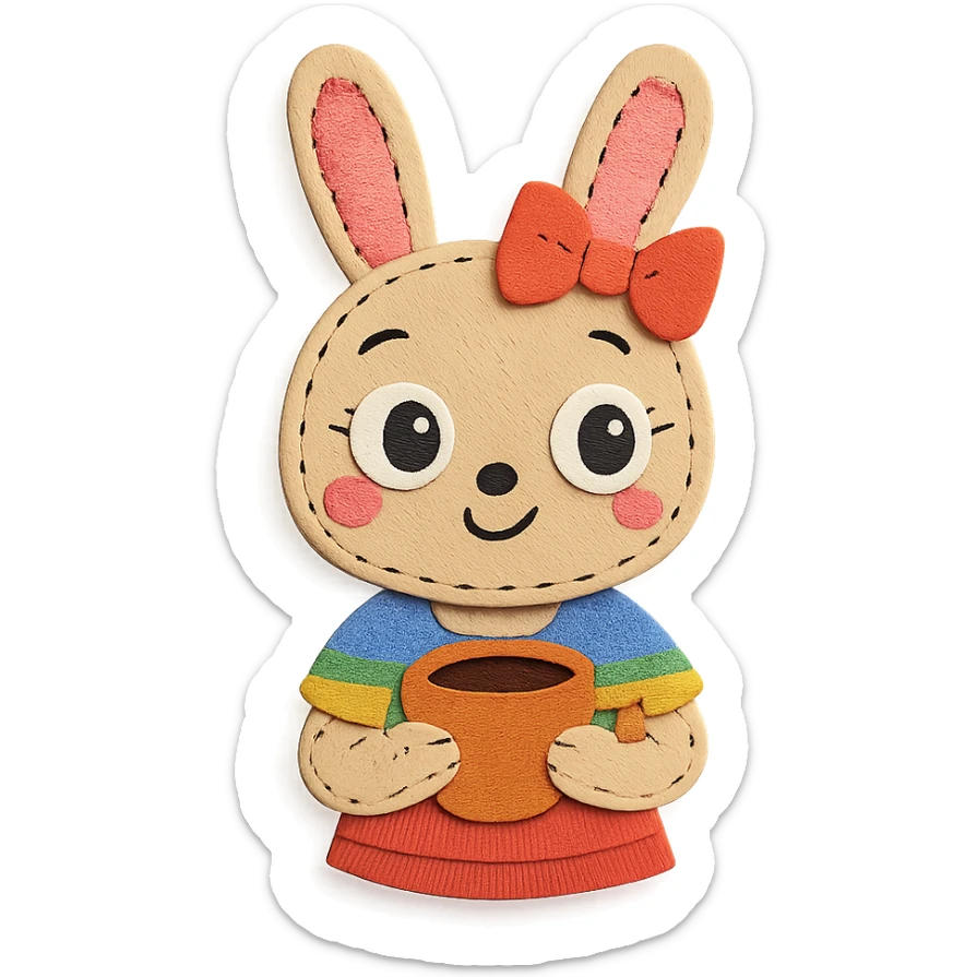 rainbow-hued stitched cartoon bunny girl sipping coffee with big eyes and a sweet expression sticker