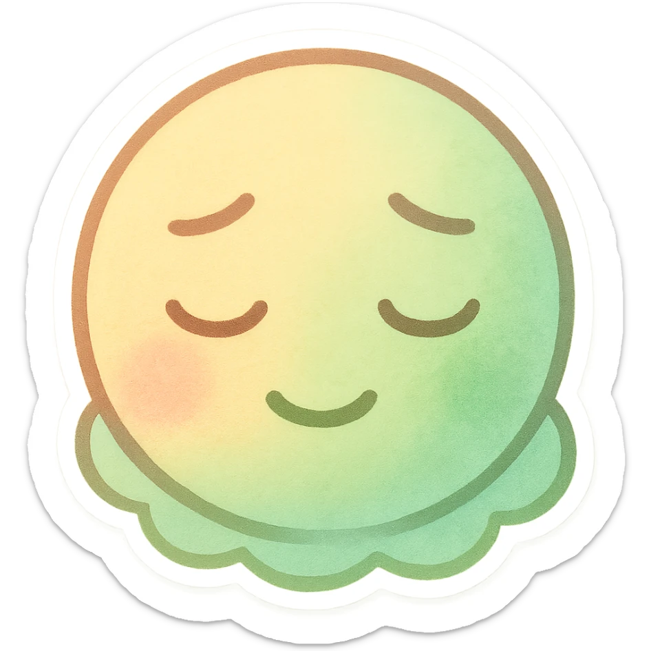 emoji representing the emotion of 'serenvious', a creative blend of serenity and envy, calm and peaceful face with a hint of green envy, soft pastel colors and gentle expression sticker