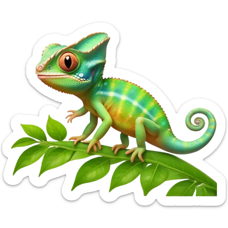 cinematic cute-smiling baby chameleon-realistic emoji,-blending-with-vibrant-greenery.-detailed-scales-in-shifting-colors,-showing-the-chameleon’s-ability-to-camouflage.-soft-natural-light-highlights-its-texture.-light-background, zoomed into its face sticker
