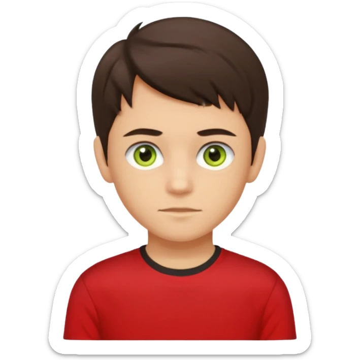 A portrait of a 14-year-old boy, he's got dark-brown hair, light brownish skin and green hazel eyes. he's wearing a red t-sirt with yellow sleeves. sticker