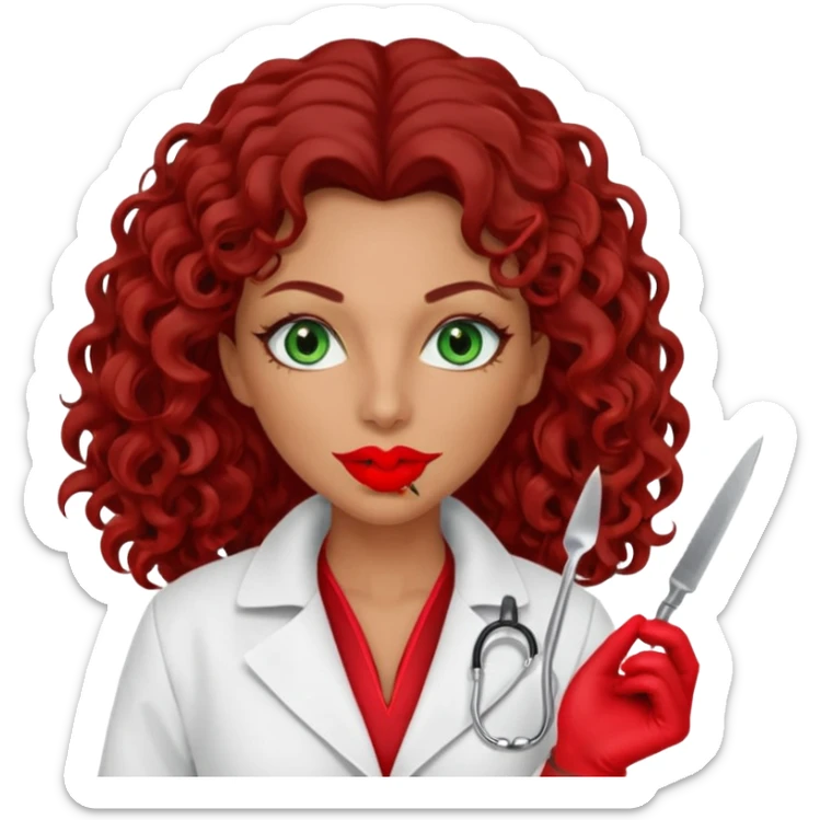 Lilith symbol sexy evil woman. She has green eyes.  had brown long curly hair.  evil surgeon kills with scalpel wears red sexy doctor coat with red mouth cover red gloves. Covers nose, neck  and mouth with Muslim red berka sticker