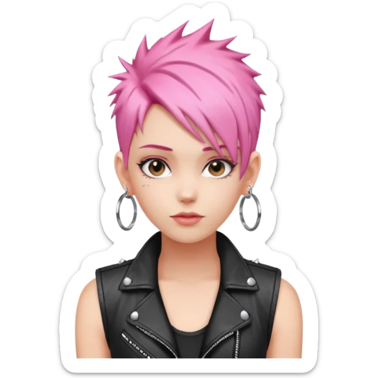 young fashionable woman, short spiky pink hair, wearing a leather vest and hoop earrings, confident look sticker