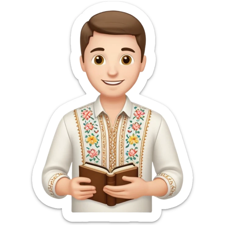 a happy guy in a white Ukrainian embroidered shirt, holding a book of music in his hand sticker