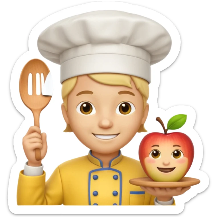 3D cartoon-style chef in the Apple emoji style, wearing a bright yellow chef uniform with hat sticker