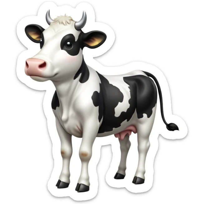 cinematic-[cow]-realistic-full-body-standing-emoji,-tail-flicking-lazily,-head-tilted-dramatically,-sleek-[black and white]-fur,-simplified-yet-realistic-focused-features,-highly-detailed,-glowing-with-an-almost-sarcastic-glow sticker