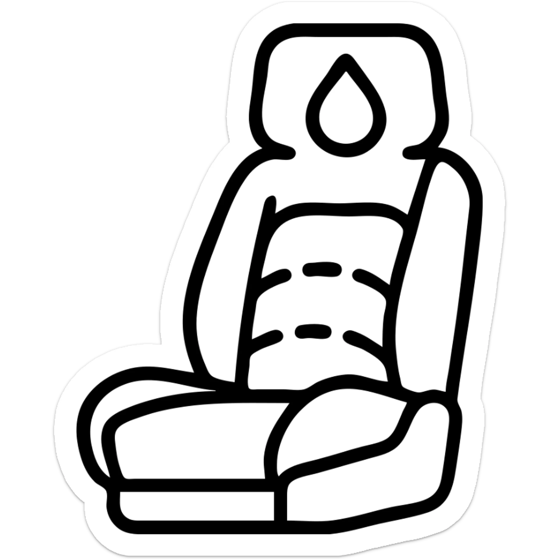 outlined icon of a luxury matte black car seat with droplet or shield on the headrest, clean lines, elegant stitching, modern and simple sticker