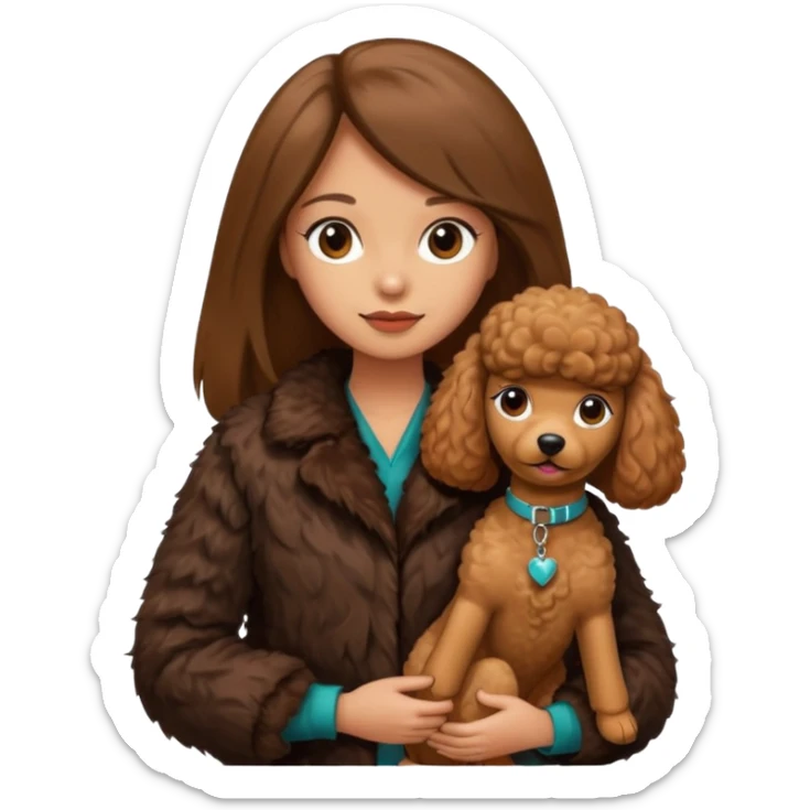 A girl who has long brown straight hair and wears a fur jacket holds a brown poodle sticker