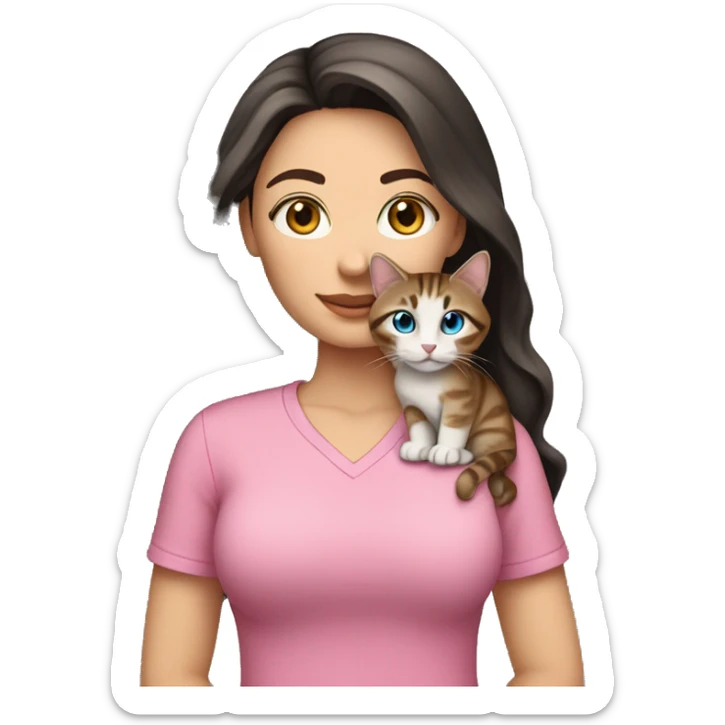 White woman with blue eyes and long dark hair wearing a pink shirt and holding a tabby cat sticker