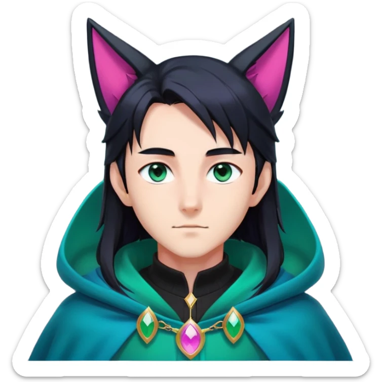anime man with long-straight-dark-black hair, long black fox ears with pink Scapha, colorful-gradient-brown-turquoise eyes, gold earring, dark-blue-sweater, green cape, white pupils sticker