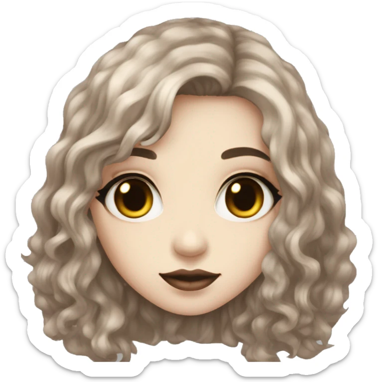 goth girl with long wavy dark brown hair, almond shaped hazel eyes light skin with blush  sticker