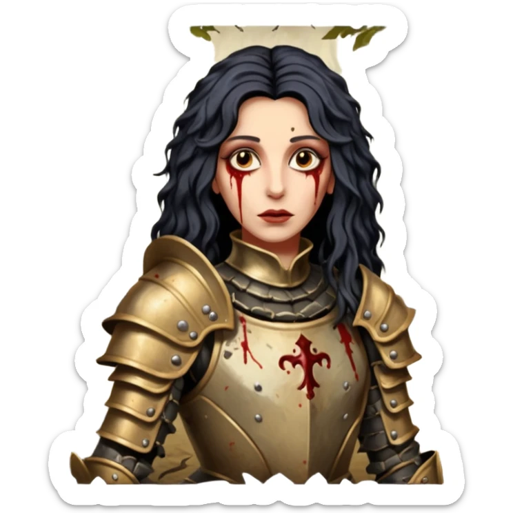 realistic cinematic actress Cher in baroque styling like Joan of Orleans dirty bloody damaged armor in a forest sticker