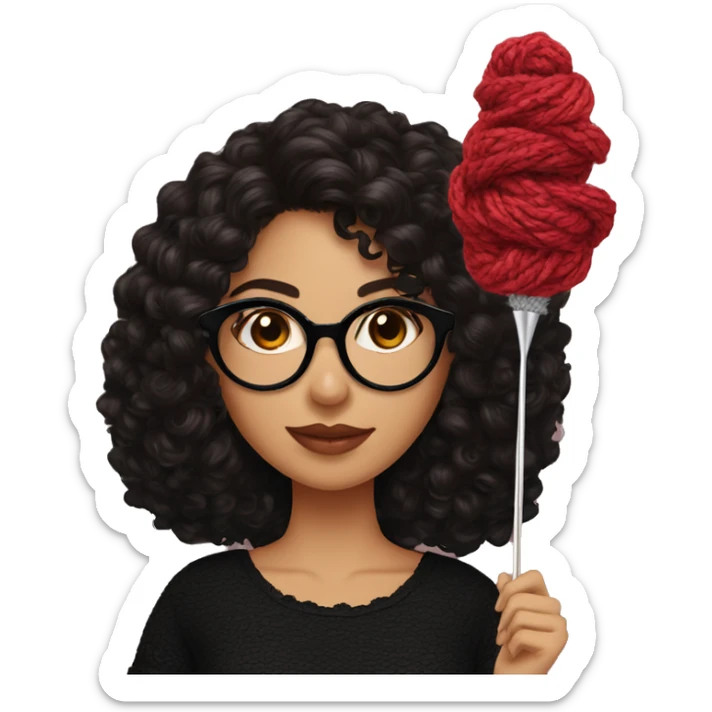 Hispanic woman with black glasses long dark brown curly hair holding small crochet needle and yarn wearing a black shirt with lace sticker