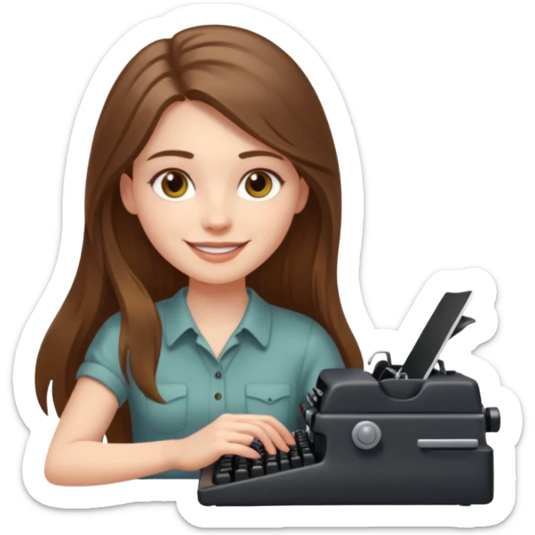 smiling white long brunette hair girl with hazel eyes laying typing on a typewriter sticker