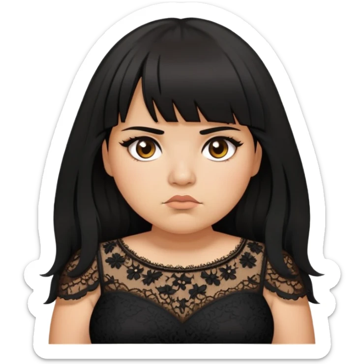 Latina girl with bangs black long layered hair plus size black lace dress disappointed  sticker