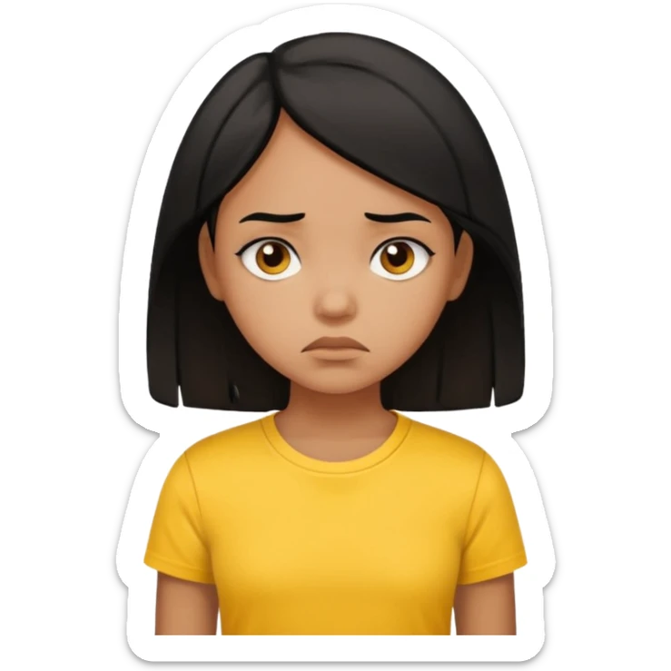brown pretty bratz girl with black hair, wearing a yellow tshirt. looking sad sticker