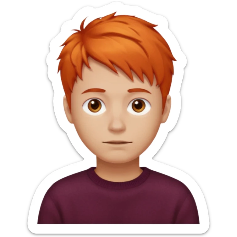 A guy with orange hair, short and messy, dark brown eyes, with a burgundy sweater sticker