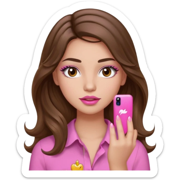 girl with long wavy brown hair, brown eyes, light to medium complexion, in a pink shirt, pink lips, long lashes, puckered lips, showing off a pink manicure sticker