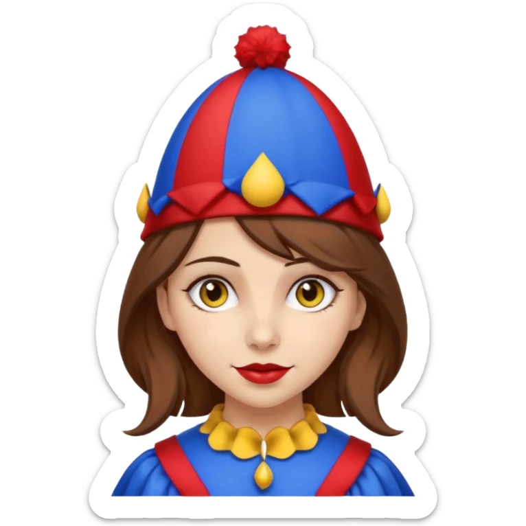 a girl with brown hair a blue and red jester hat with yellow pom pom's at the tip of the jester hat her eyes a patren of red and blue  sticker